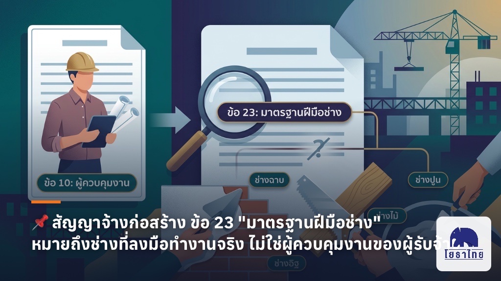 📌 สัญญาจ้างก่อสร้าง ข้อ 23 "มาตรฐานฝีมือช่าง" หมายถึงช่างที่ลงมือทำงานจริง ไม่ใช่ผู้ควบคุมงานของผู้รับจ้าง