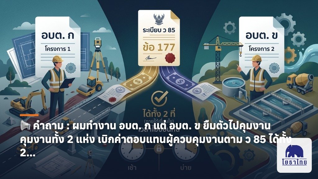 📢 คำถาม : ผมทำงาน อบต. ก แต่ อบต. ข ยืมตัวไปคุมงาน คุมงานทั้ง 2 แห่ง เบิกค่าตอบแทนผู้ควบคุมงานตาม ว 85 ได้ทั้ง 2 ที่ไหม?