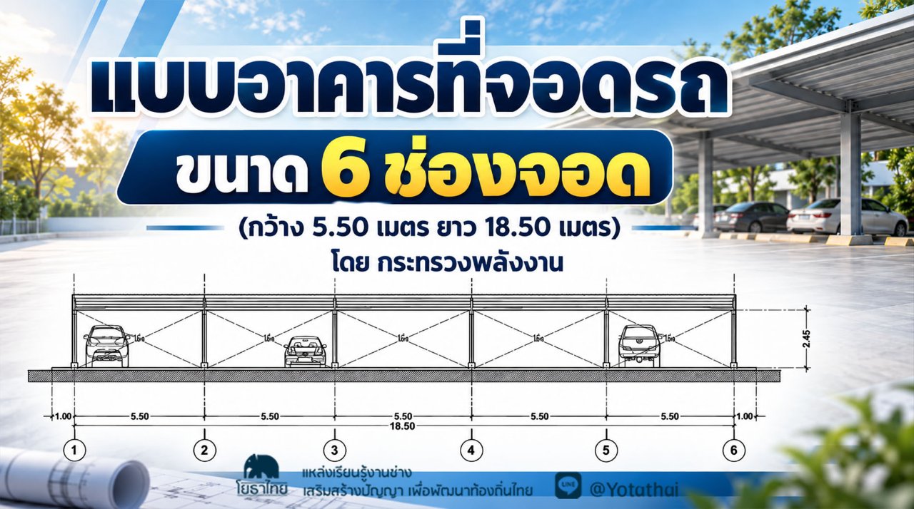 แบบอาคารที่จอดรถ ขนาด 6 ช่องจอด (กว้าง 5.50 เมตร ยาว 18.50 เมตร) โดย คณะทำงานออกแบบและกำหนดรายละเอียดมาตรฐานการก่อสร้างอาคารสำนักงานพลังงานจังหวัด สำนักงานปลัดกระทรวงพลังงาน กระทรวงพลังงาน