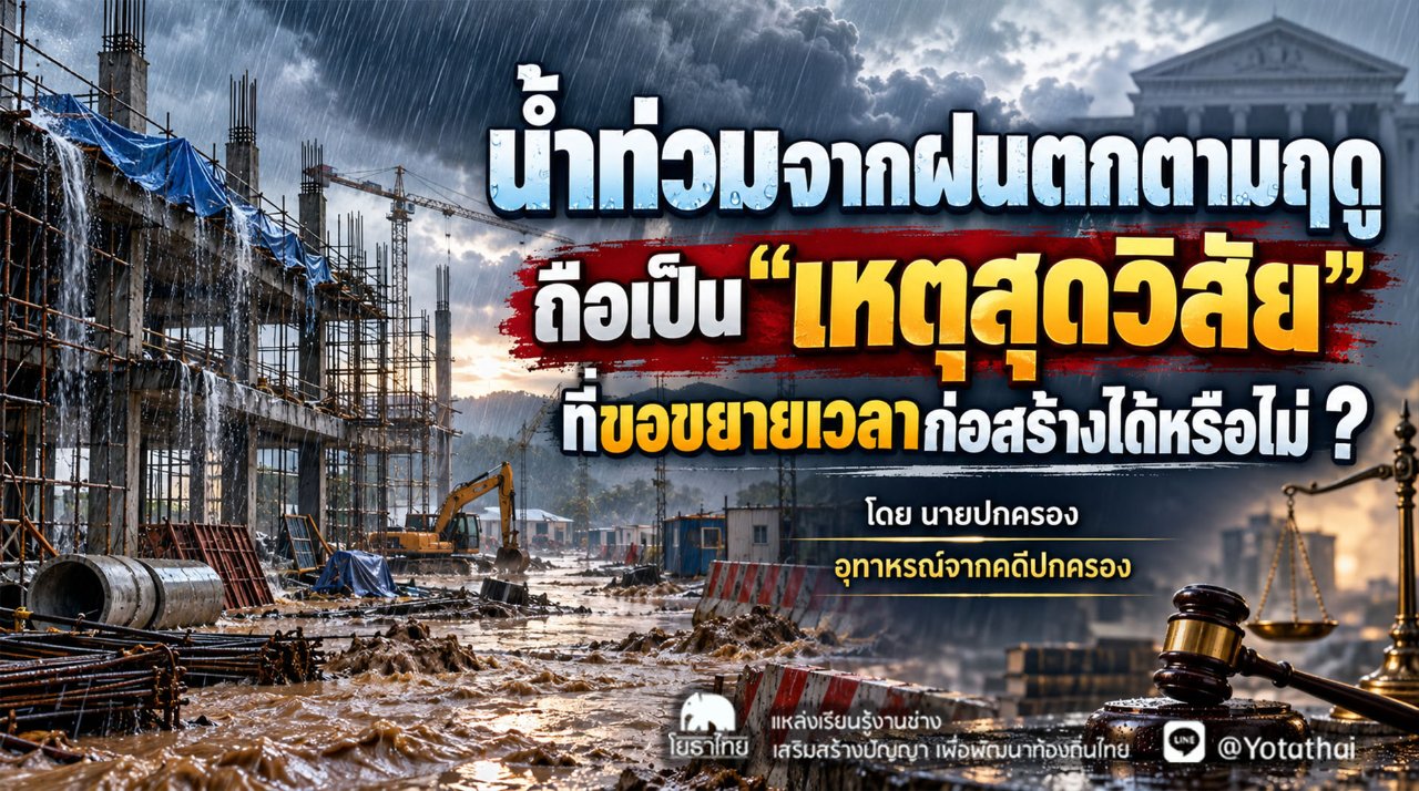 น้ำท่วมจากฝนตกตามฤดู ถือเป็น “เหตุสุดวิสัย” ที่ขอขยายเวลาก่อสร้างได้หรือไม่ ? โดย นายปกครอง (เผยแพร่ในสื่อฐานเศรษฐกิจ คอลัมน์ “อุทาหรณ์จากคดีปกครอง” / สำนักงานศาลปกครอง)