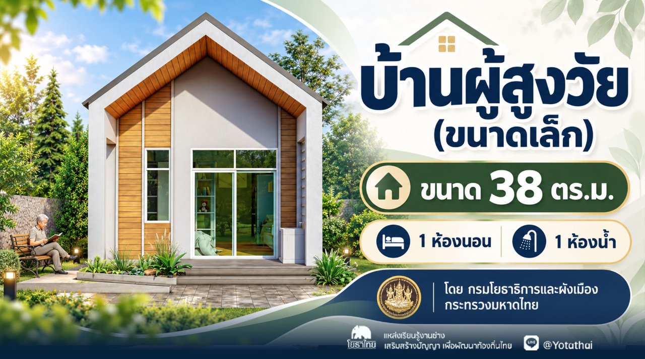 แบบบ้านผู้สูงวัย (ขนาดเล็ก) ขนาด 38 ตร.ม. 1 ห้องนอน 1 ห้องน้ำ โดย กรมโยธาธิการและผังเมือง กระทรวงมหาดไทย