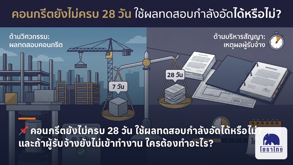 📌 คอนกรีตยังไม่ครบ 28 วัน ใช้ผลทดสอบกำลังอัดได้หรือไม่? และถ้าผู้รับจ้างยังไม่เข้าทำงาน ใครต้องทำอะไร?