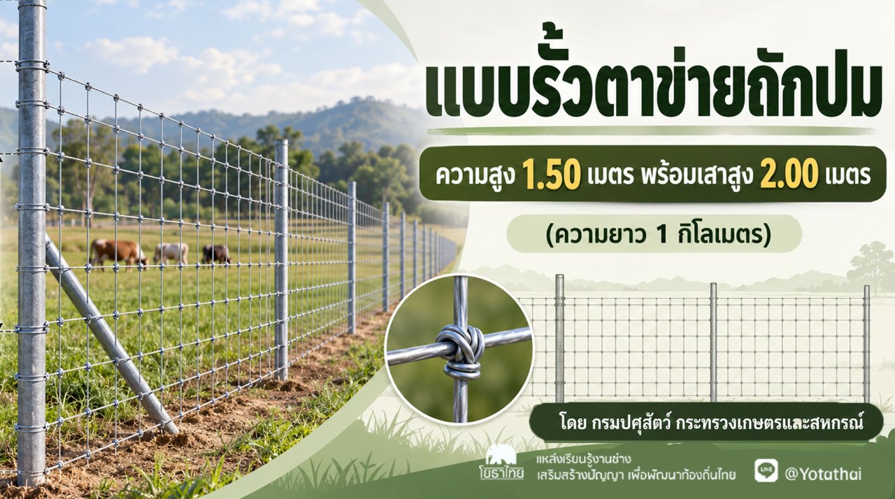 แบบรั้วตาข่ายถักปม ความสูง 1.50 เมตร พร้อมเสาสูง 2.00 เมตร (ความยาว 1 กิโลเมตร) โดย กลุ่มก่อสร้างและบำรุงรักษา สำนักงานเลขานุการกรม กรมปศุสัตว์ กระทรวงเกษตรและสหกรณ์
