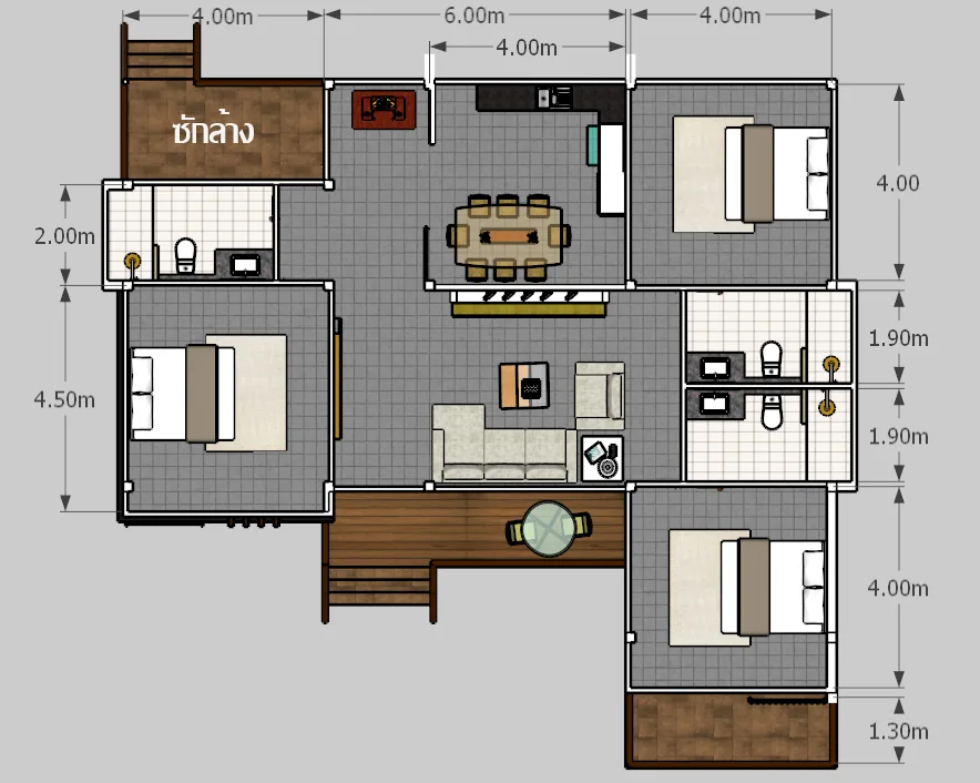 ภาพต้นแบบ แปลนพื้นบ้าน 3 ห้องนอน 3 ห้องน้ำ ภาพสีที่ใช้เป็นโจทย์ให้ AI