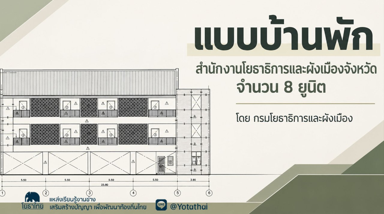 แบบบ้านพักสำนักงานโยธาธิการและผังเมืองจังหวัด จำนวน 8 ยูนิต จัดทำโดย สำนักสถาปัตยกรรม และสำนักวิศวกรรมโครงสร้างและงานระบบ กรมโยธาธิการและผังเมือง