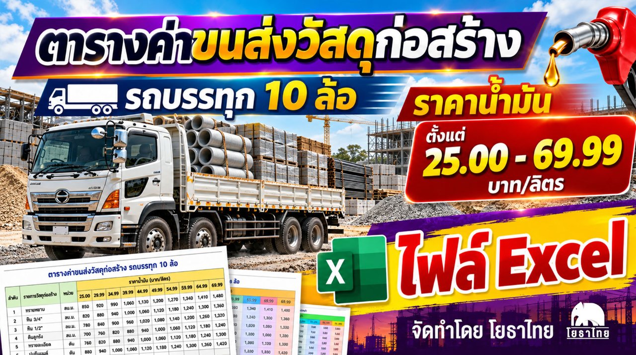 ไฟล์ Excel ตารางค่าขนส่งวัสดุก่อสร้าง รถบรรทุก 10 ล้อ (กรณีน้ำหนักรวมไม่เกิน 25 ตัน) ราคาน้ำมัน ตั้งแต่ 25.00 - 69.99 บาท/ลิตร จัดทำโดย โยธาไทย
