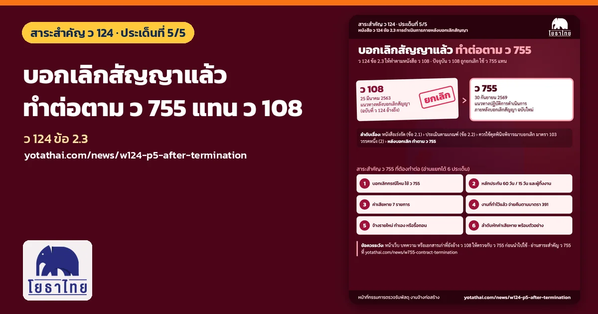 ว 124 ประเด็นที่ 5 หลังบอกเลิกสัญญา ข้อ 2.3 อ้าง ว 108 ซึ่งถูกยกเลิกแล้ว ปัจจุบันทำตาม ว 755 ลงวันที่ 30 กันยายน 2569