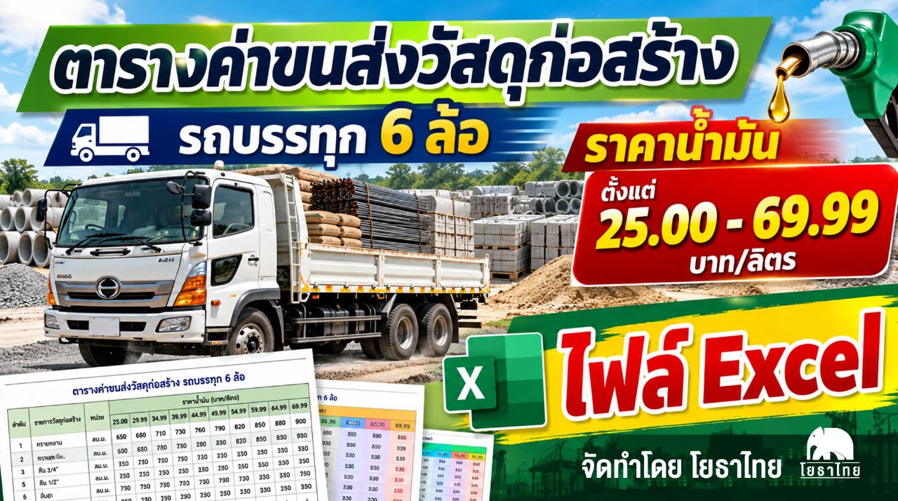 ไฟล์ Excel ตารางค่าขนส่งวัสดุก่อสร้าง รถบรรทุก 6 ล้อ (กรณีน้ำหนักรวมไม่เกิน 15 ตัน) ราคาน้ำมัน ตั้งแต่ 25.00 - 69.99 บาท/ลิตร จัดทำโดย โยธาไทย