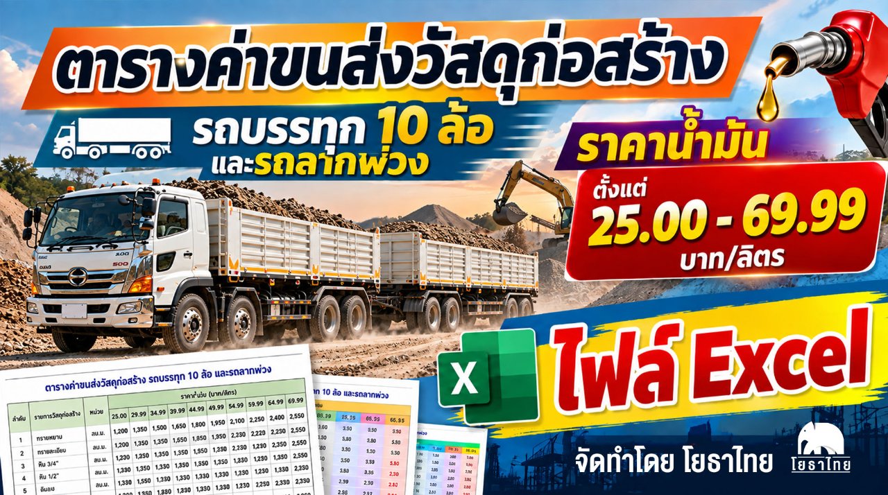 ไฟล์ Excel ตารางค่าขนส่งวัสดุก่อสร้าง รถบรรทุก 10 ล้อ และรถลากพ่วง (กรณีน้ำหนักรวมไม่เกิน 47 ตัน) ราคาน้ำมัน ตั้งแต่ 25.00 - 69.99 บาท/ลิตร จัดทำโดย โยธาไทย