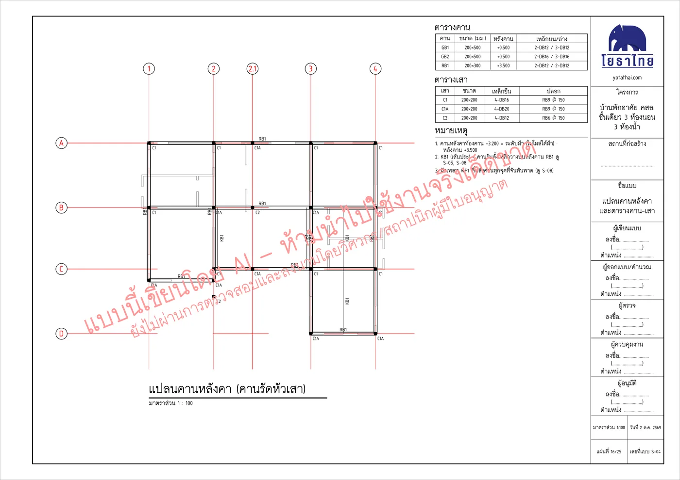 แผ่น S-04 แปลนคานหลังคา และตารางคาน-เสา — แบบเขียนโดย AI มีลายน้ำห้ามใช้งานจริง