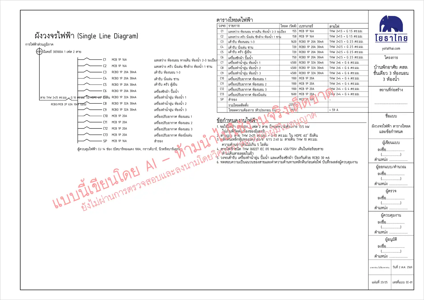 แผ่น EE-01 ผังวงจรไฟฟ้า ตารางโหลด และข้อกำหนด — แบบเขียนโดย AI มีลายน้ำห้ามใช้งานจริง