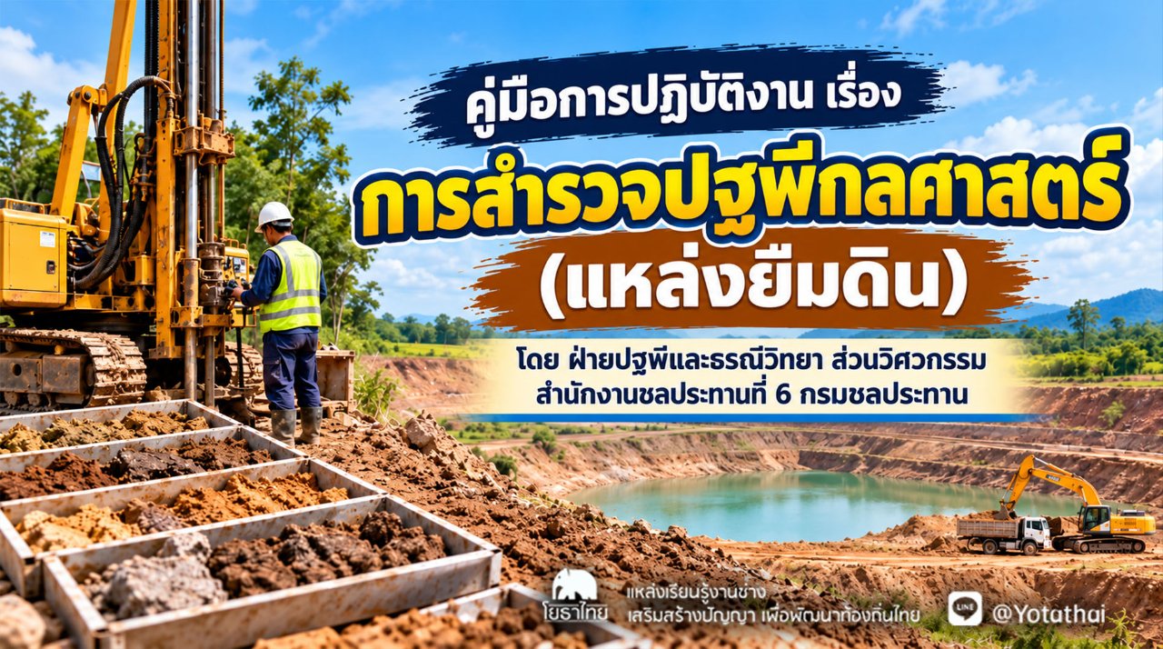 คู่มือการปฏิบัติงาน เรื่อง การสำรวจปฐพีกลศาสตร์ (แหล่งยืมดิน) โดย ฝ่ายปฐพีและธรณีวิทยา ส่วนวิศวกรรม สำนักงานชลประทานที่ 6 กรมชลประทาน