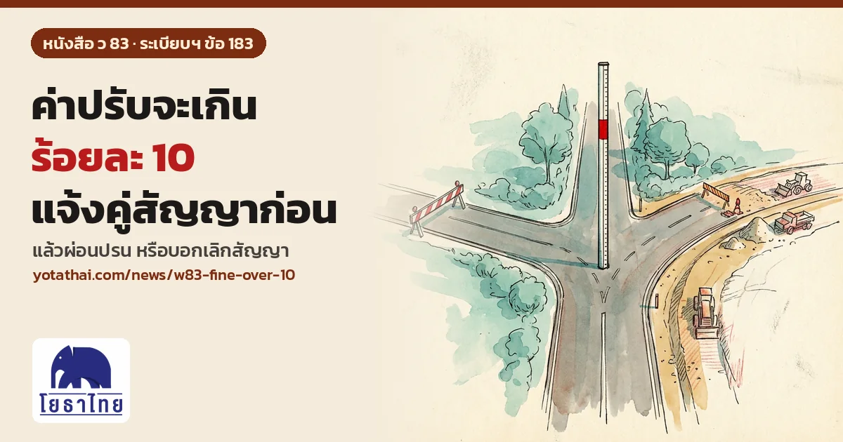 ค่าปรับจะเกินร้อยละ 10 ต้องแจ้งคู่สัญญาก่อน แล้วผ่อนปรนหรือบอกเลิกสัญญา ตามหนังสือ ว 83 ระเบียบฯ ข้อ 183