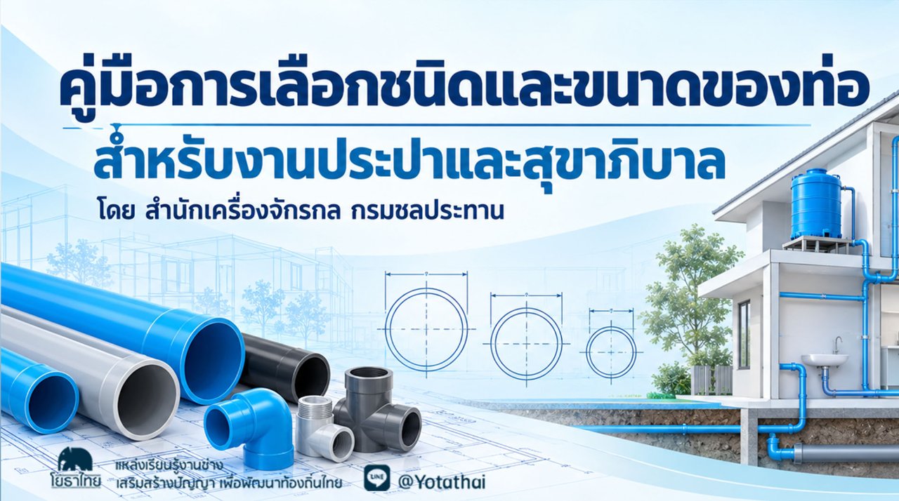 คู่มือการเลือกชนิดและขนาดของท่อ สำหรับงานประปาและสุขาภิบาล จัดทำโดย กลุ่มงานวิชาการและออกแบบ ส่วนวิศวกรรม สำนักเครื่องจักรกล กรมชลประทาน