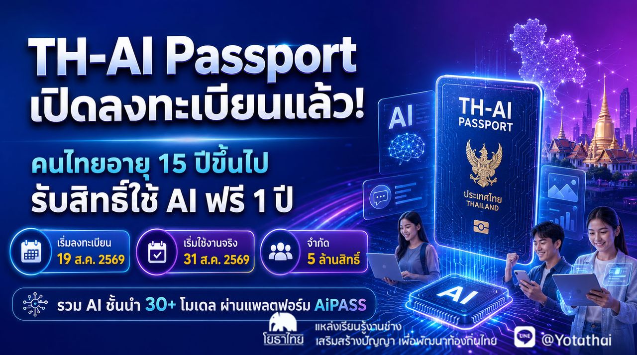 TH-AI Passport เปิดลงทะเบียนแล้ววันนี้ เปิดโอกาสให้คนไทยได้เรียนรู้และทดลองใช้ AI ชั้นนำหลายค่ายผ่านแพลตฟอร์ม AiPASS โดยไม่เสียค่าใช้จ่าย เพื่อส่งเสริมทักษะ AI สำหรับการเรียน การทำงาน และการสร้างอาชีพ