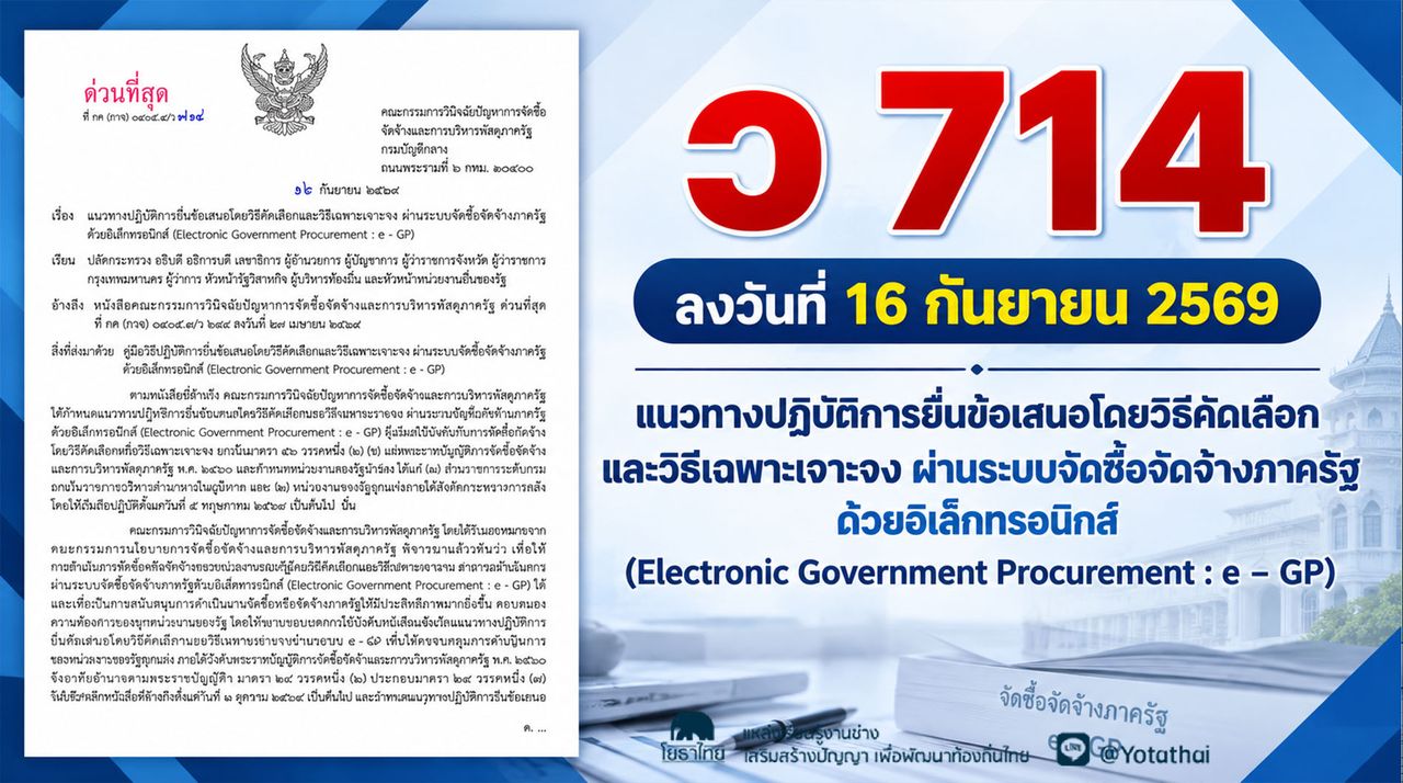 ว 714 แนวทางปฏิบัติการยื่นข้อเสนอโดยวิธีคัดเลือกและวิธีเฉพาะเจาะจง ผ่านระบบจัดซื้อจัดจ้างภาครัฐด้วยอิเล็กทรอนิกส์ (Electronic Government Procurement : e - GP)