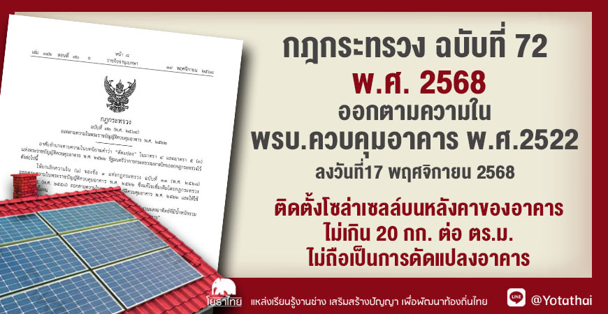 กฎกระทรวง ฉบับที่ 72 (พ.ศ. 2568) ออกตามความในพระราชบัญญัติควบคุมอาคาร พ.ศ.2522